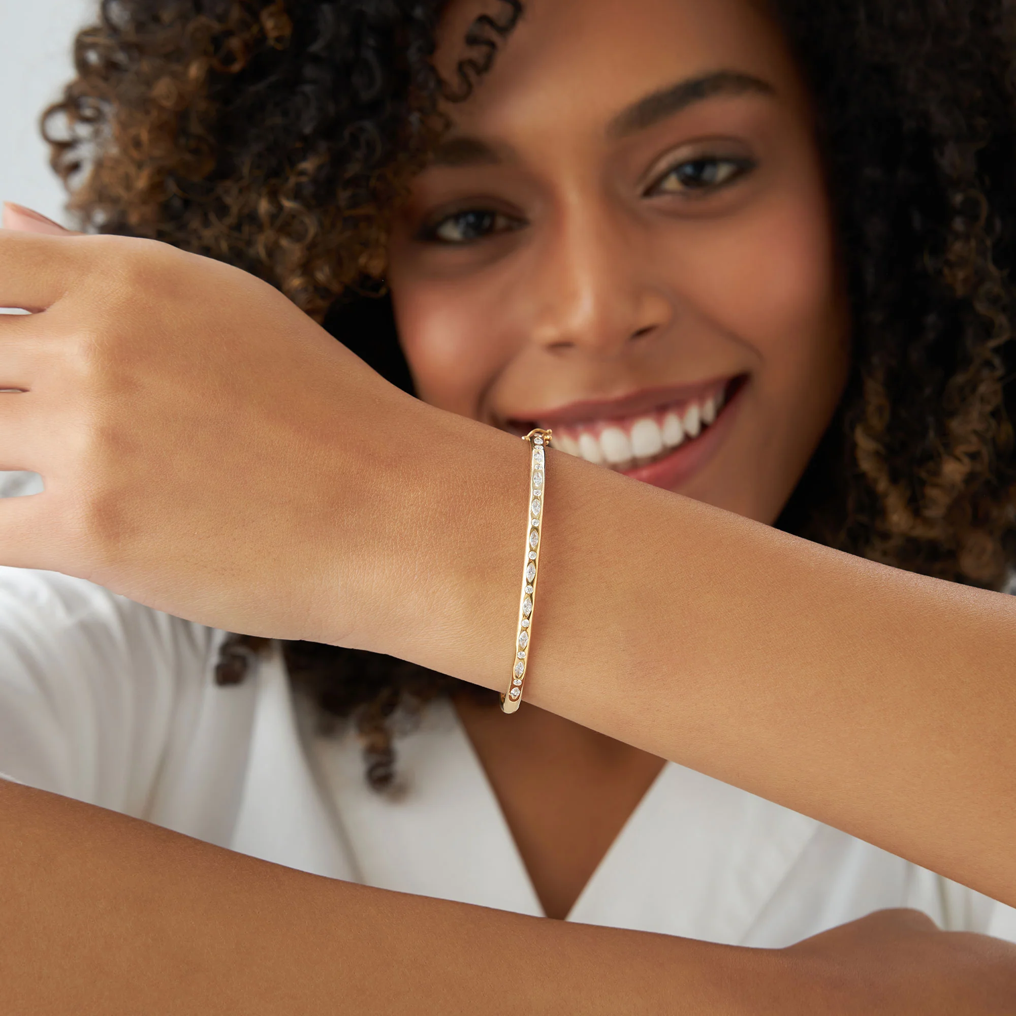 14k Flush Setting Marquise Shaped and Round Diamond Bangle - Image 4