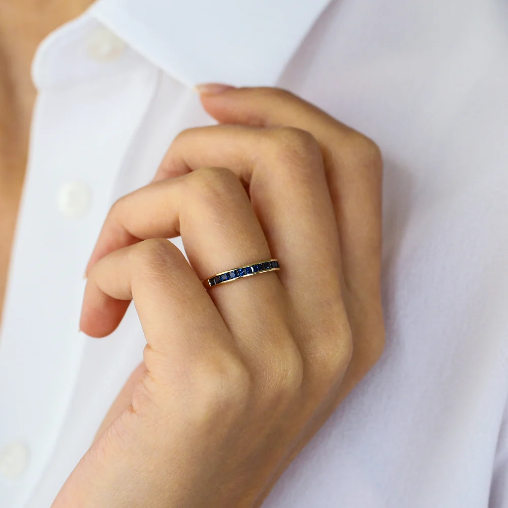 14k Gold Full Eternity Princess Cut Sapphire Ring - Image 5
