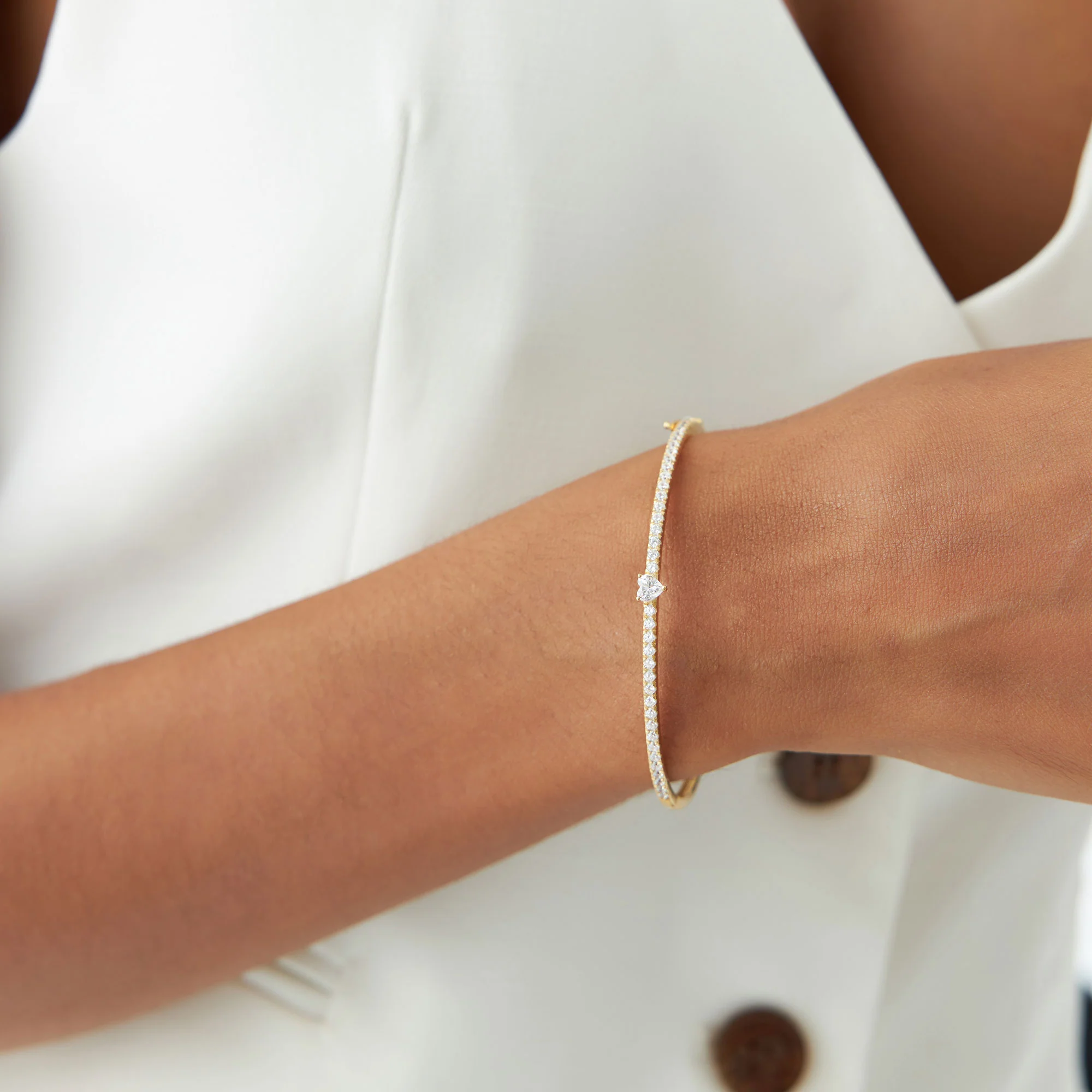 14k Gold Heart Shaped and Round Diamond Bangle - Image 4