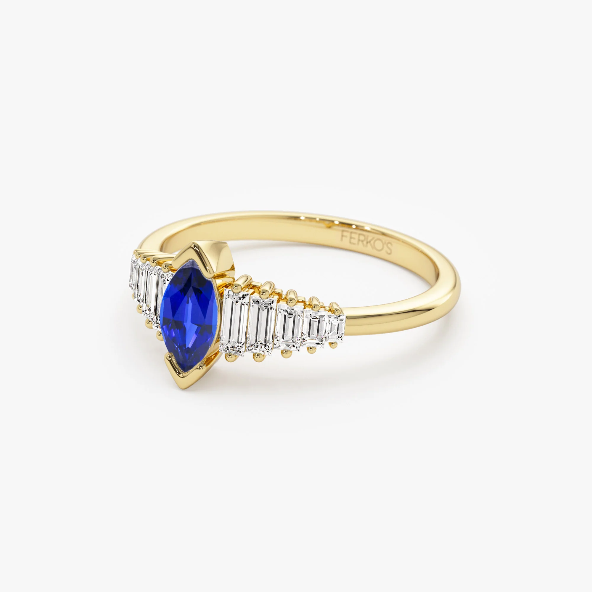 14k Gold Marquise Shape Sapphire  Ring with Baguette Accents - Image 6