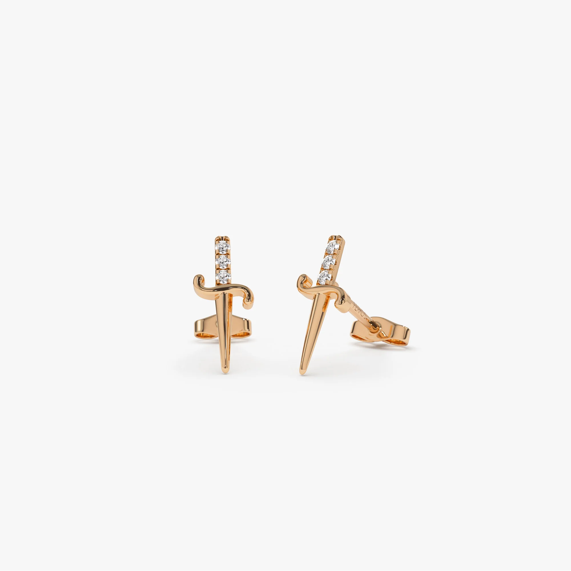 14k Gold Mini Sword Diamond Earrings - Image 3