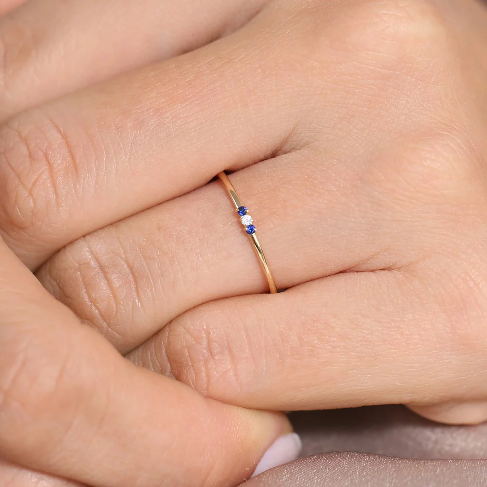 14K Gold Minimal Sapphire and Diamond Ring - Image 3