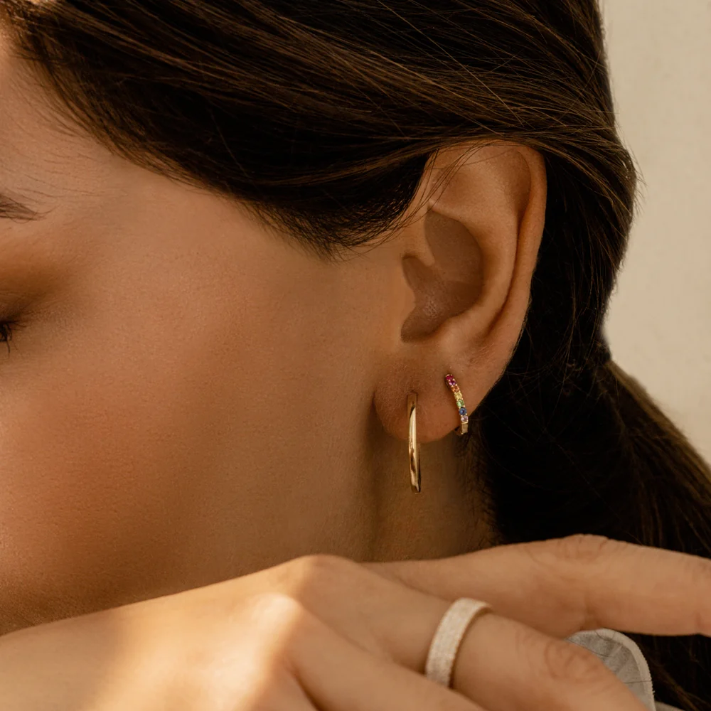 14K Gold Multi Color Huggie Hoop Earrings - Image 3