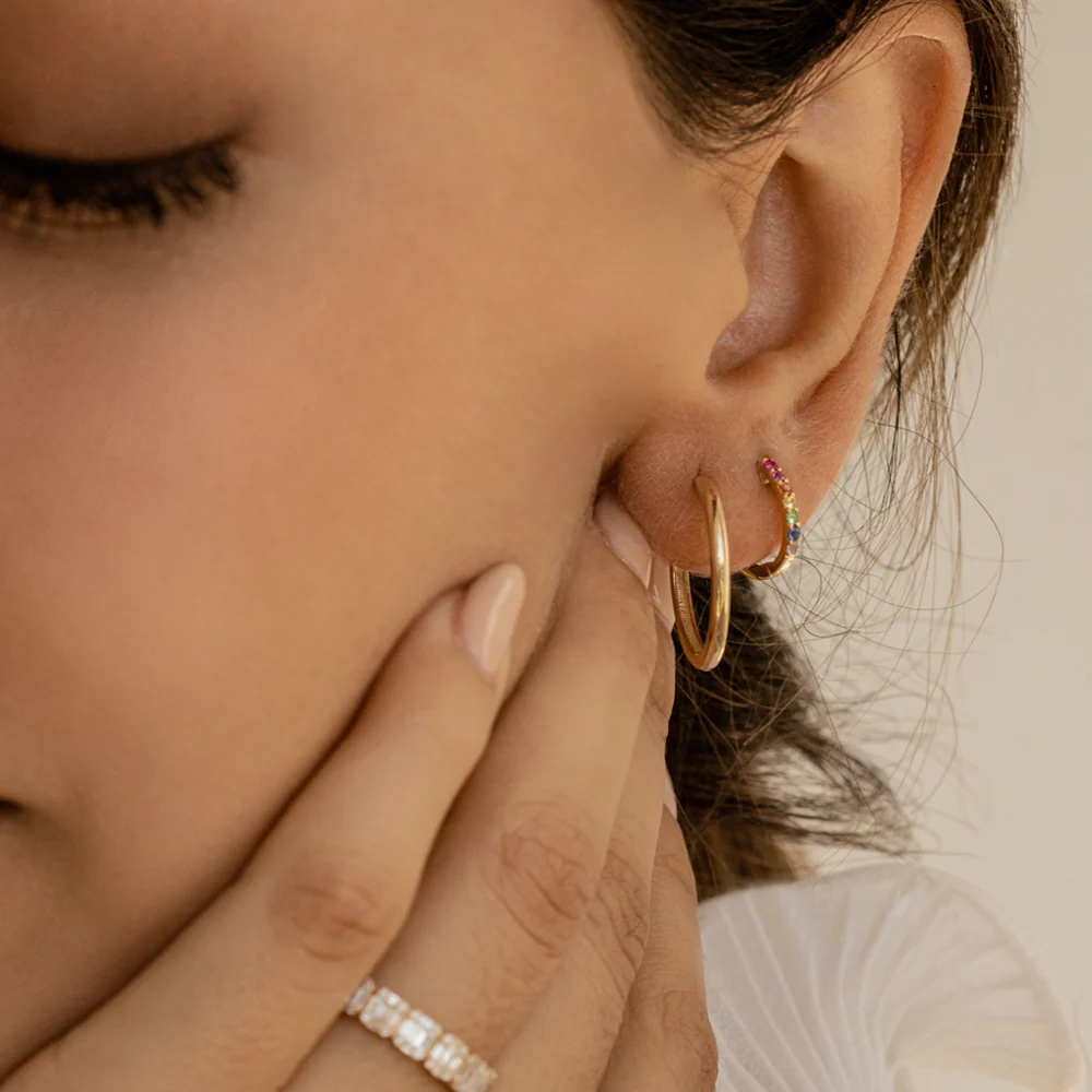 14K Gold Multi Color Huggie Hoop Earrings - Image 4