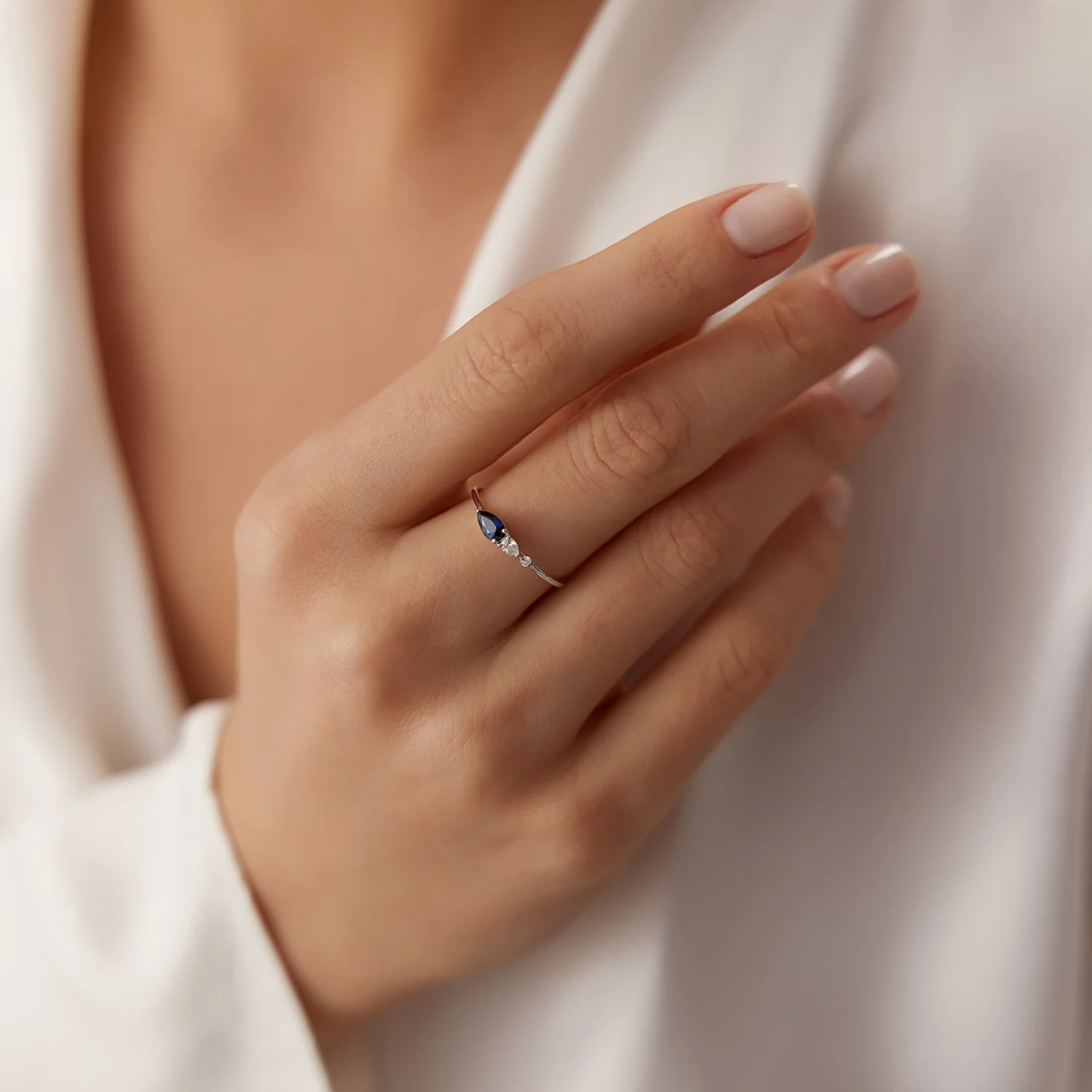 14k Gold Pear Shape Natural Sapphire with Pear Shape Diamond Ring - Image 2