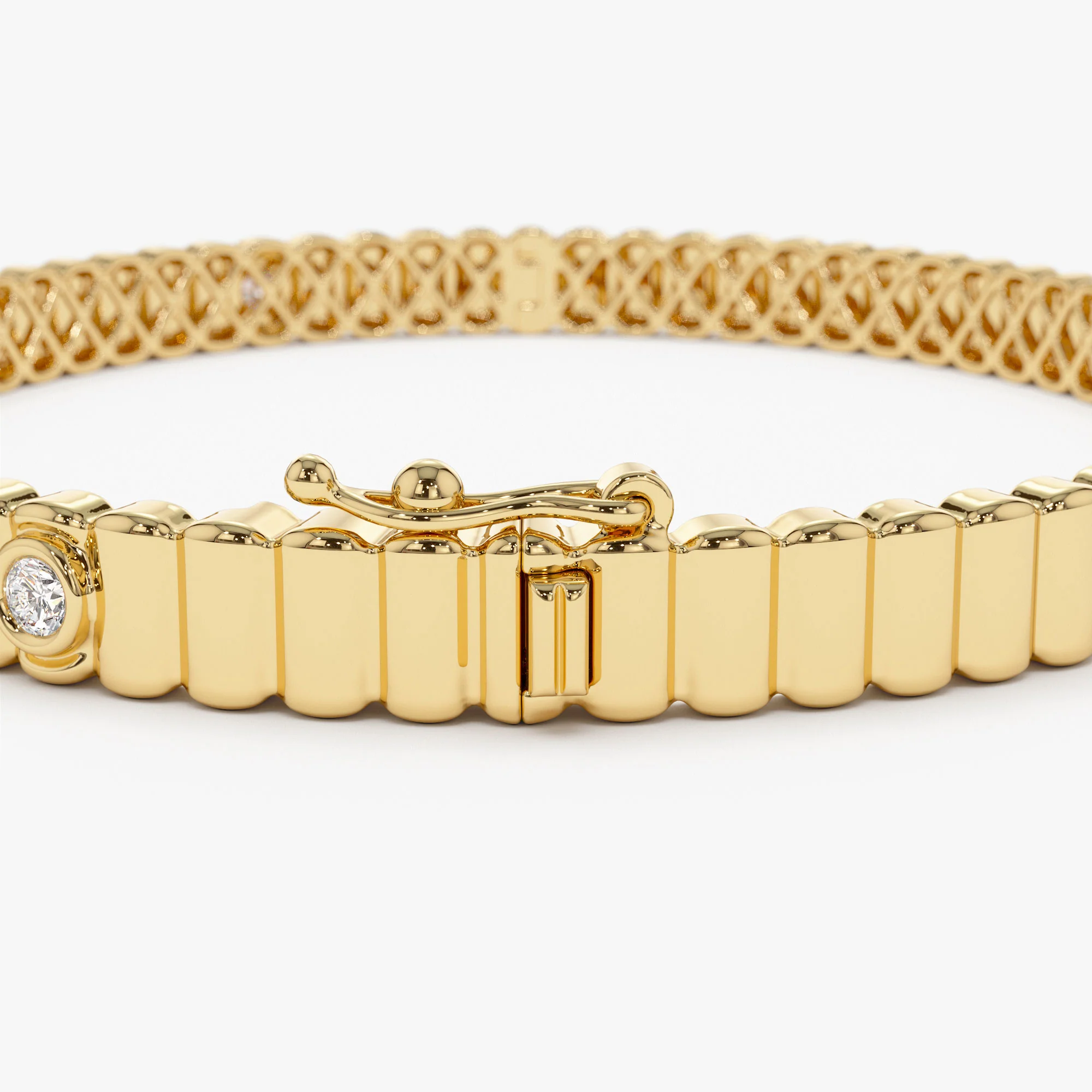 14k Gold Ribbed Diamond Bangle Bracelet - Image 11