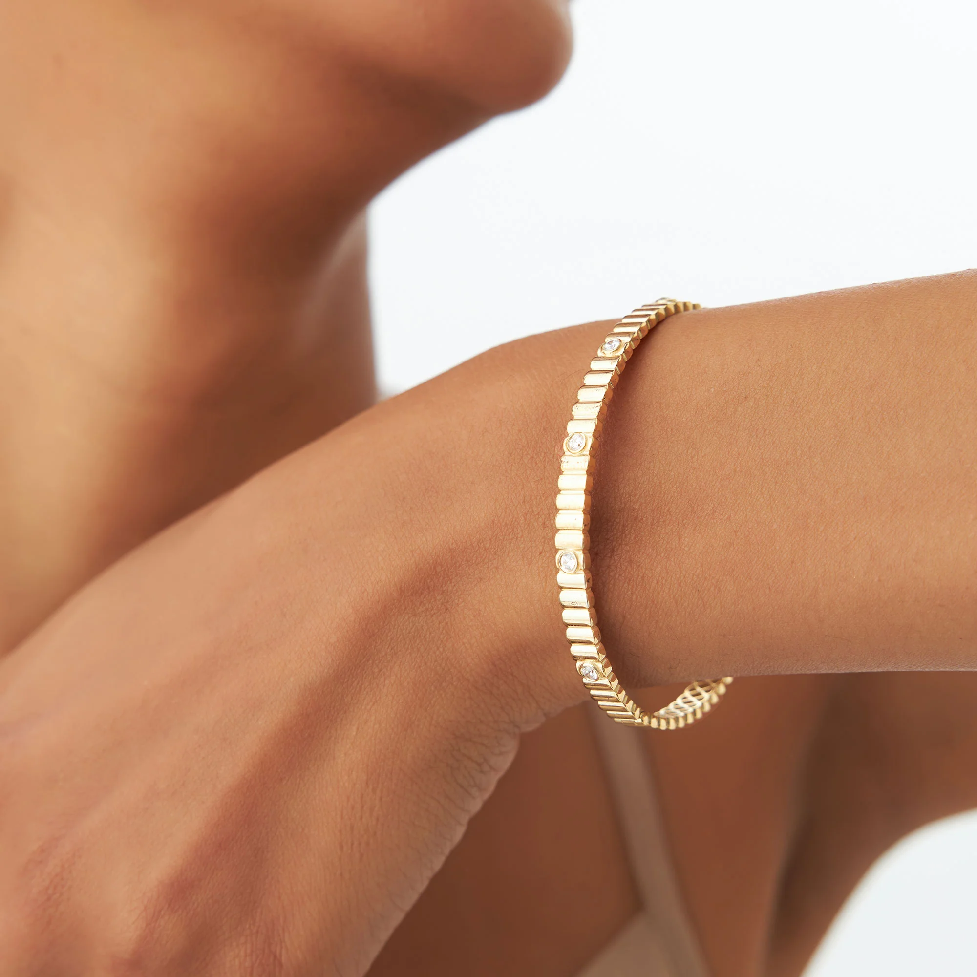 14k Gold Ribbed Diamond Bangle Bracelet - Image 6