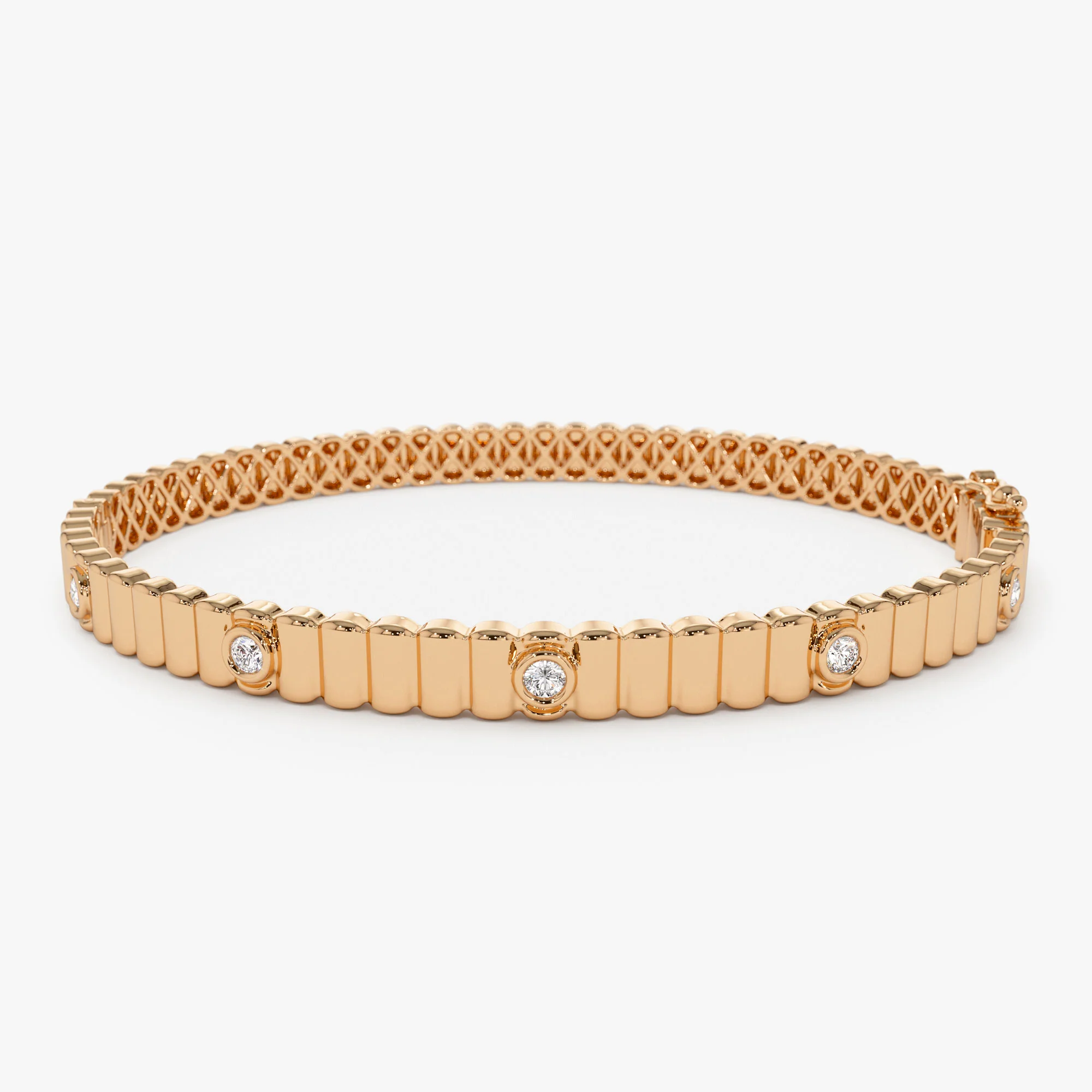 14k Gold Ribbed Diamond Bangle Bracelet - Image 8
