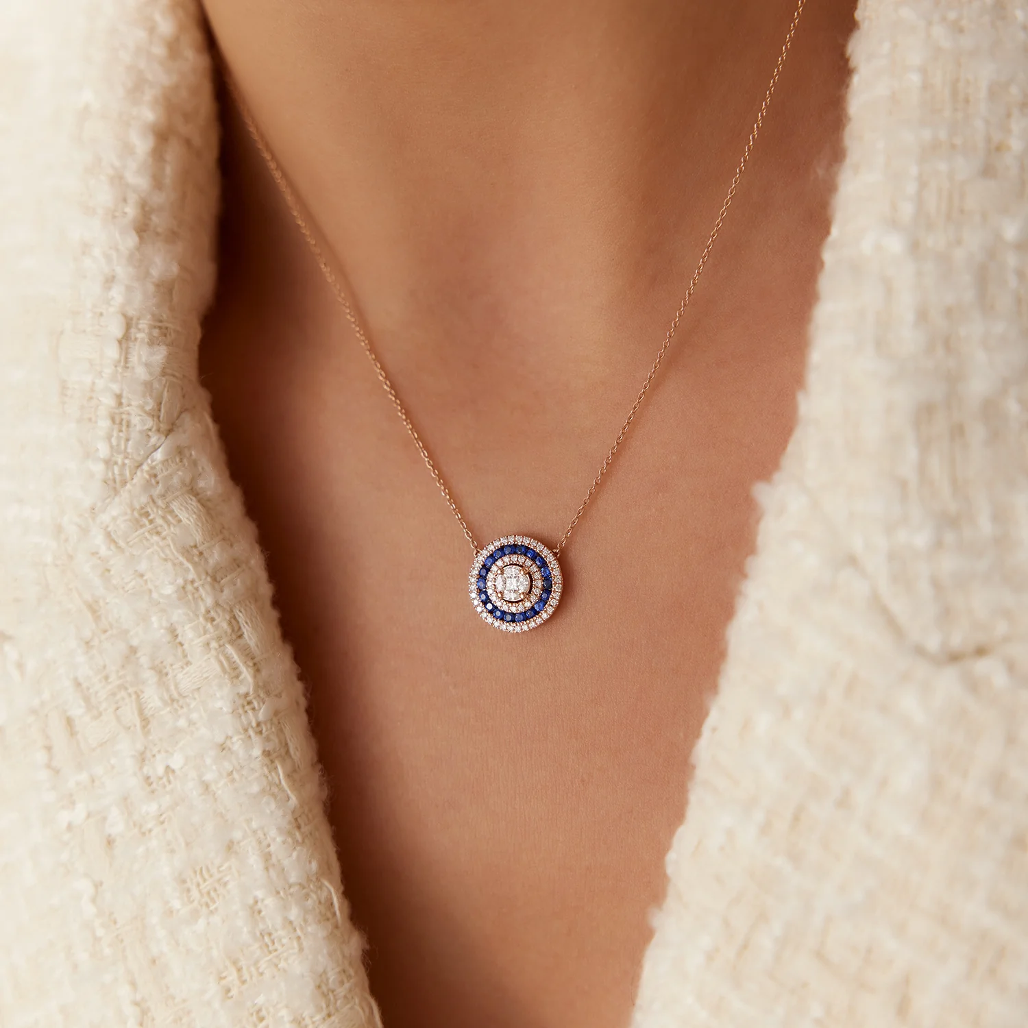 14K Gold Round Diamond Sapphire Necklace - Image 2