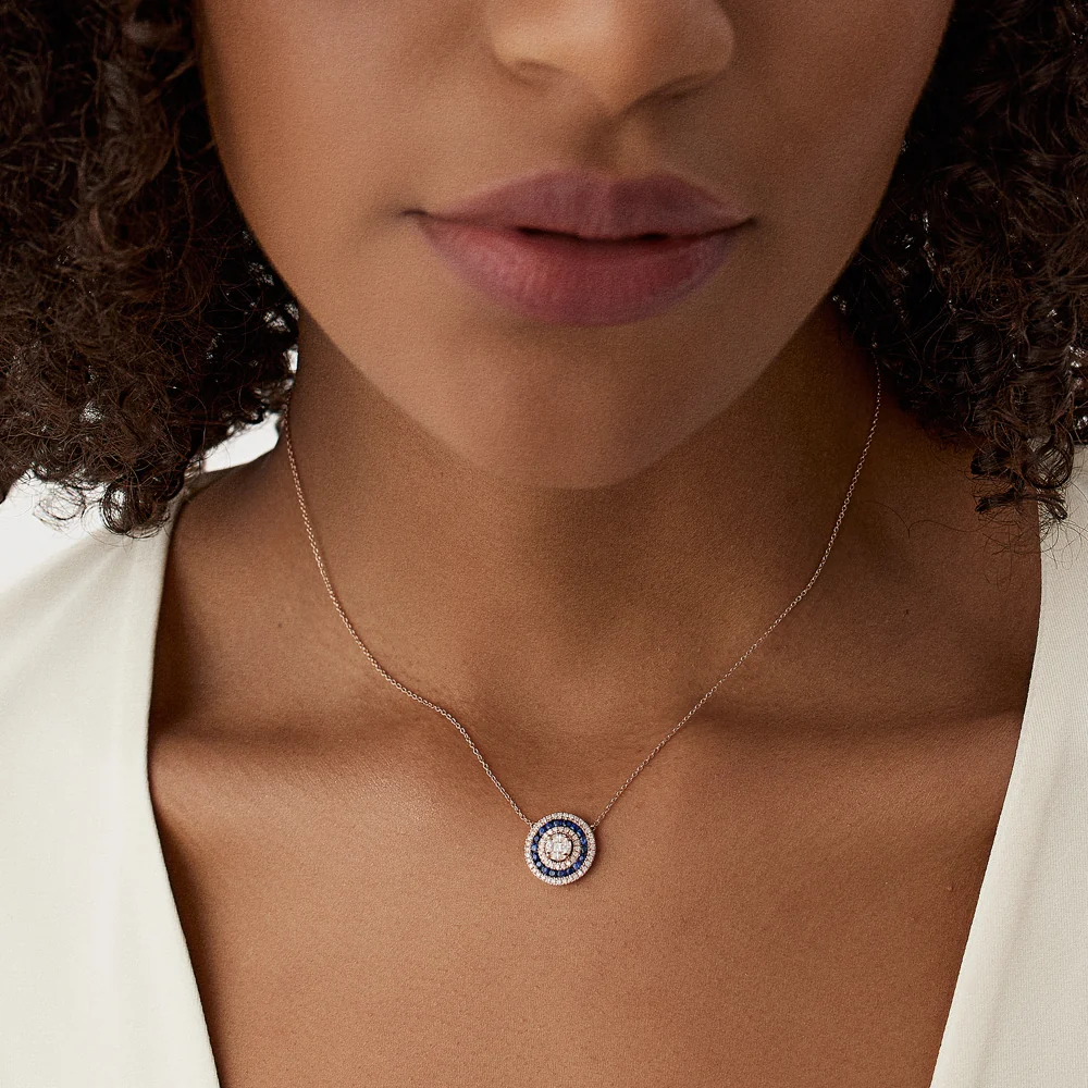 14K Gold Round Diamond Sapphire Necklace - Image 3