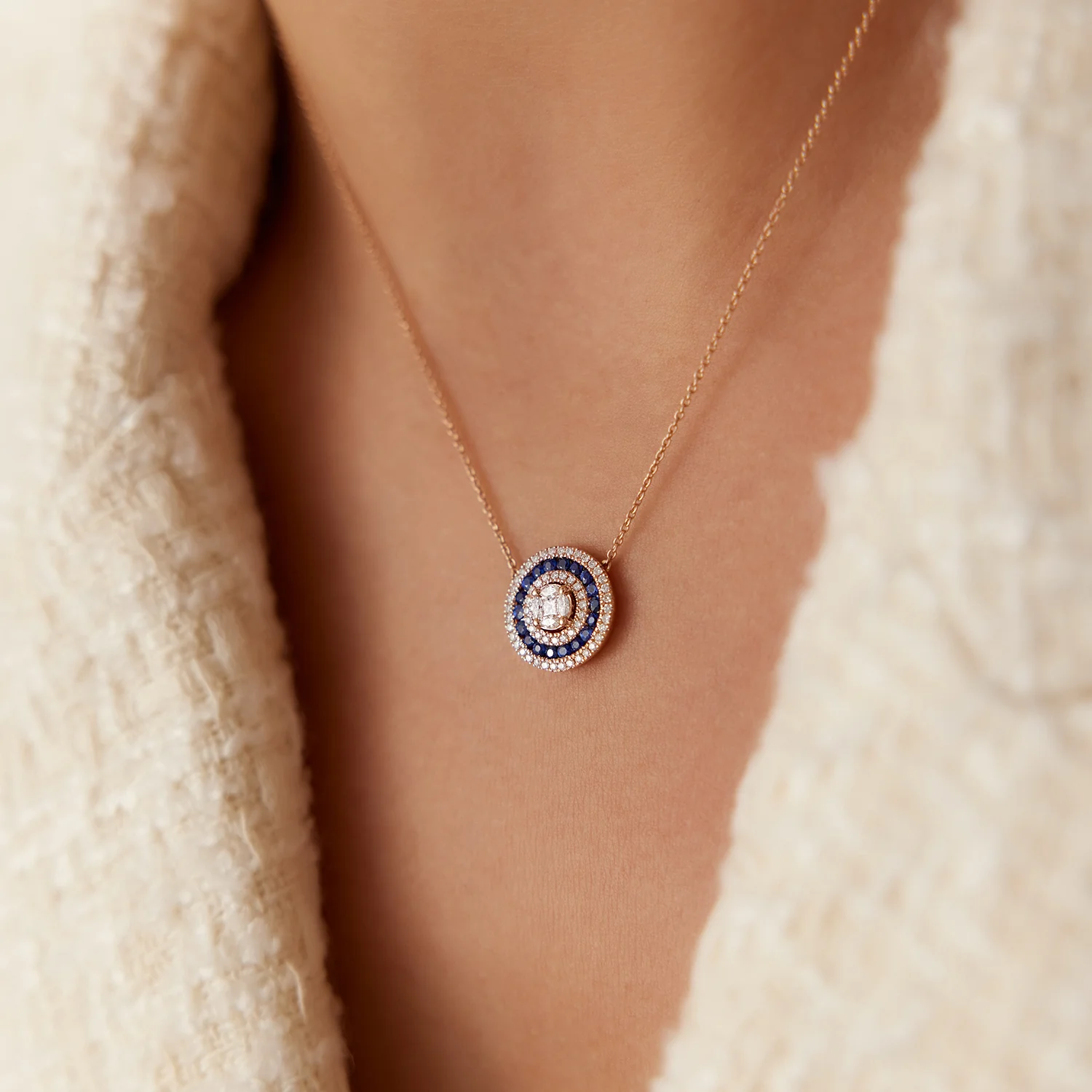 14K Gold Round Diamond Sapphire Necklace - Image 5