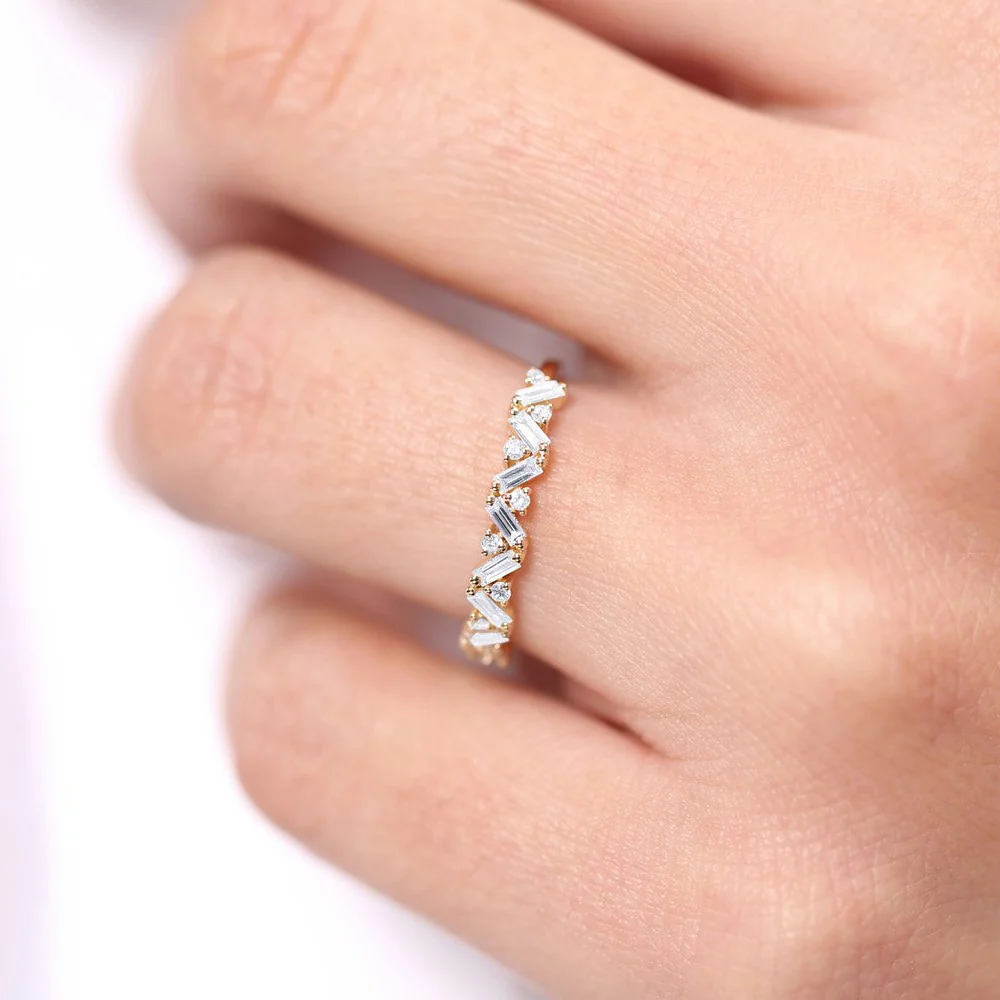 14K Gold Slanted Baguette and Round Diamond Ring - Image 2