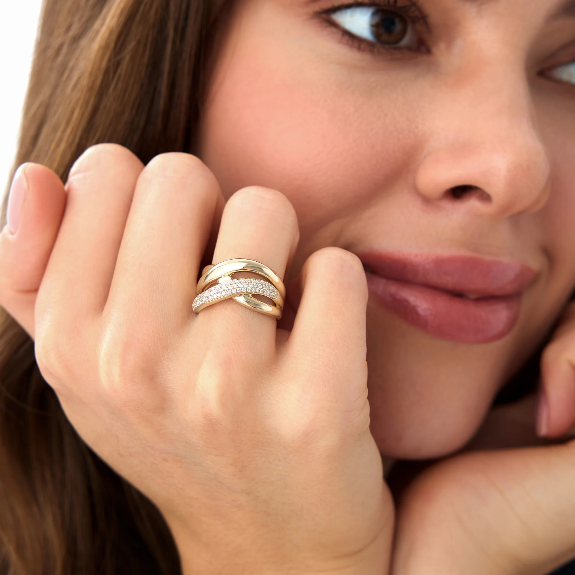 14k Gold Triple Band Crossover Diamond Statement Ring - Image 3
