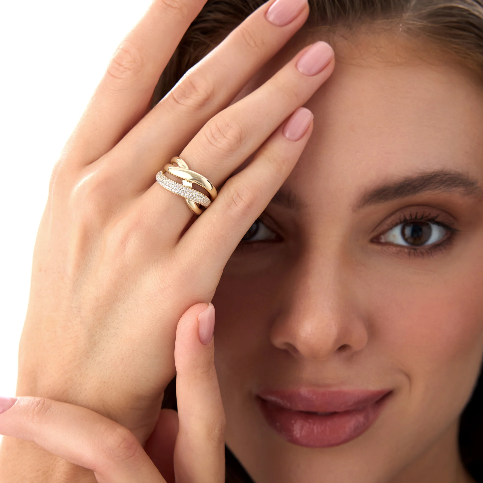 14k Gold Triple Band Crossover Diamond Statement Ring - Image 5