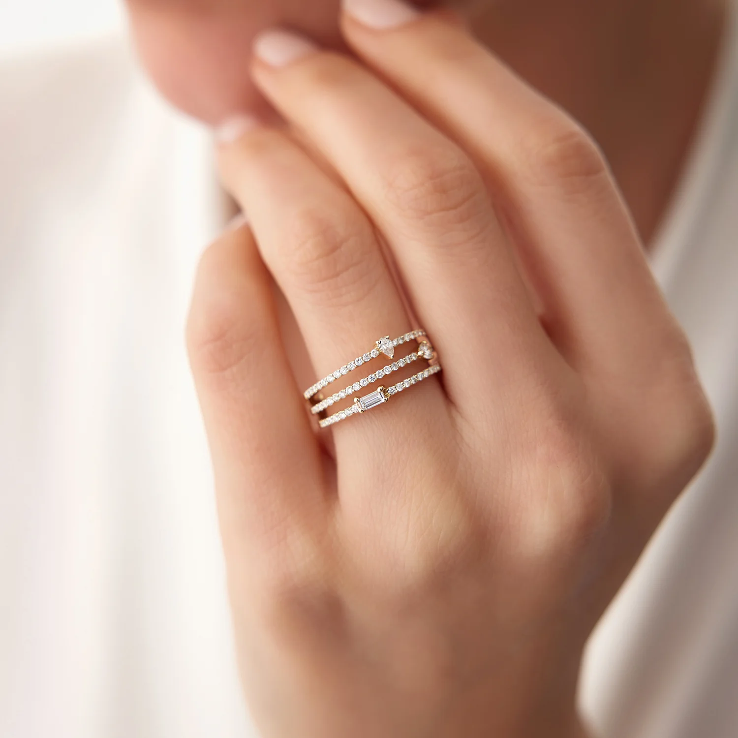 14k Gold Triple Row Mix Diamond Statement Ring - Image 2