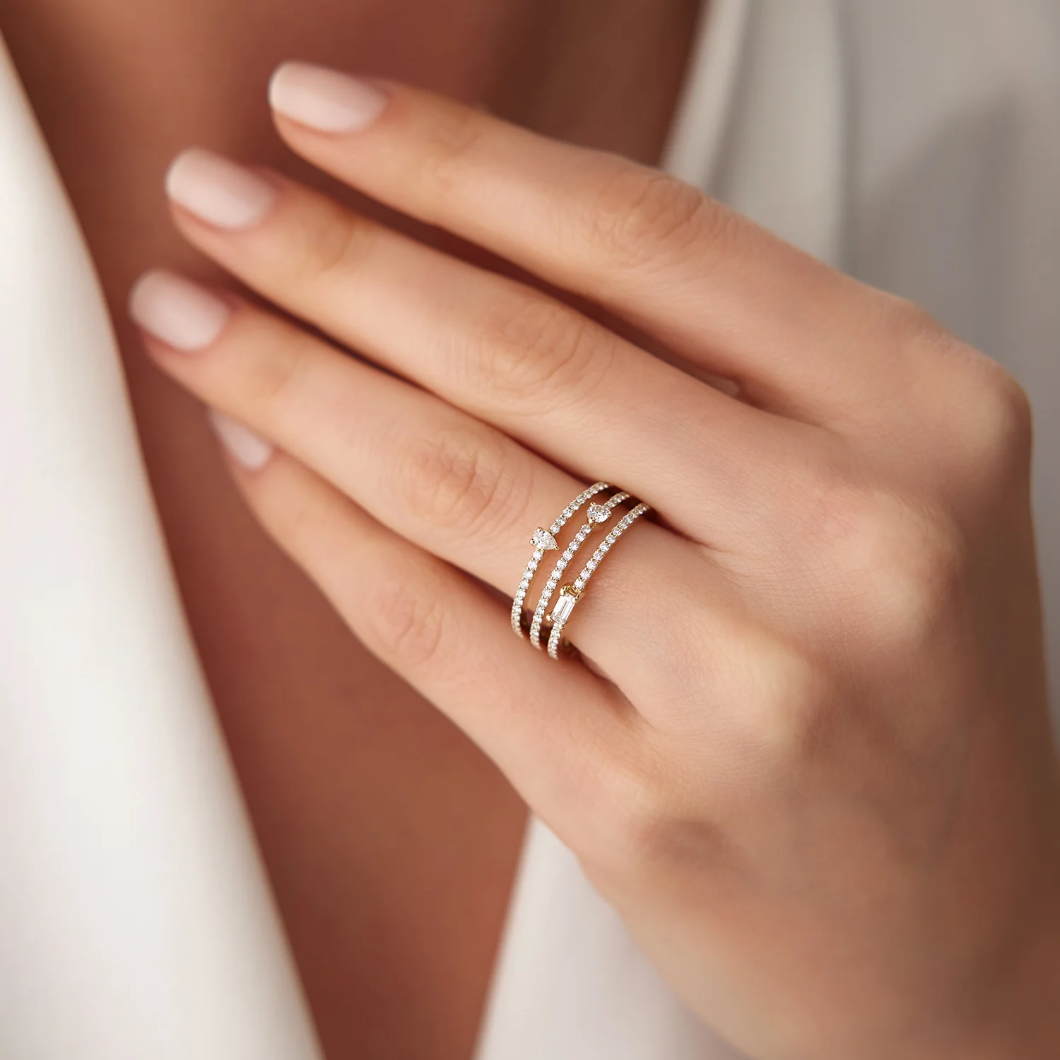 14k Gold Triple Row Mix Diamond Statement Ring - Image 3