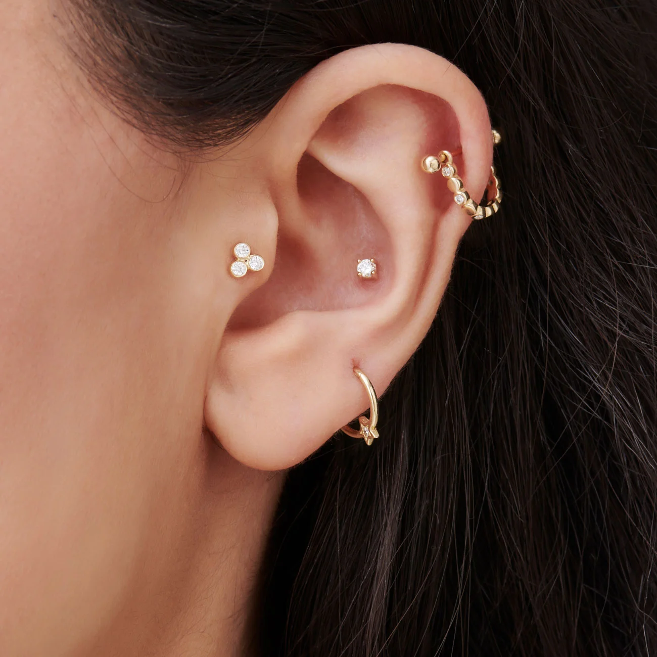 14K Gold Diamond Trio Internally Threaded Flat Back Stud - Image 2