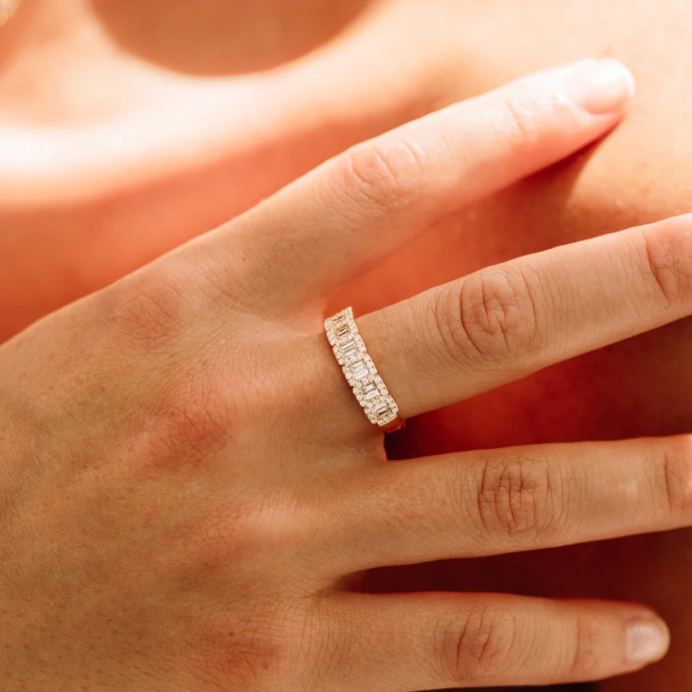 14K Gold Unique Baguette and Round Diamond Anniversary Ring - Image 4