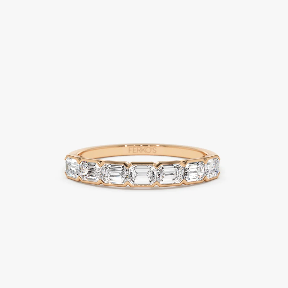 14k Half Bezel Emerald Cut Diamond Wedding Band 0.75 ctw - Image 5