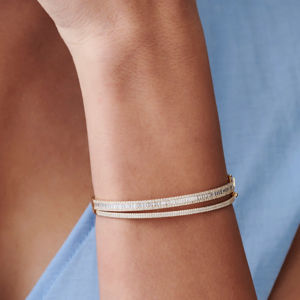 14k Half Eternity Baguette and Round Diamond Bangle - Image 6
