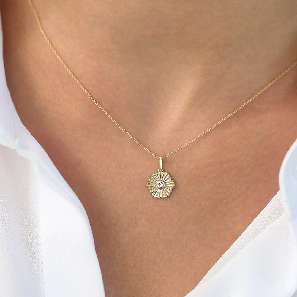 14K Gold Hexagon Diamond Disc Ray Necklace - Image 3