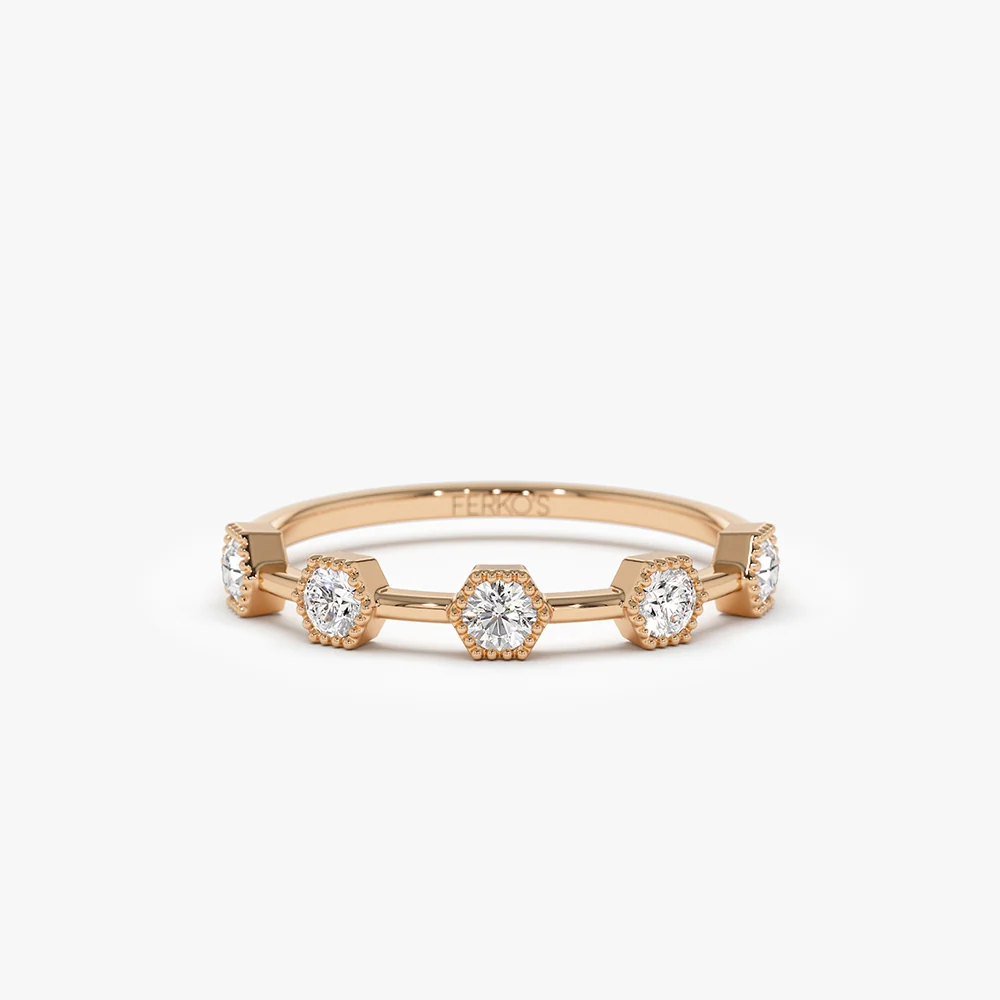 14k Hexagon Milgrain Setting Five Stone Diamond Ring - Image 5