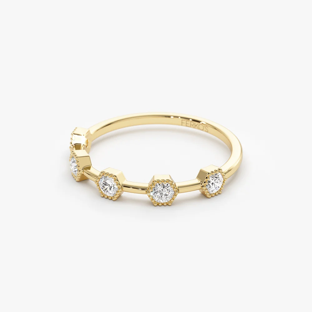 14k Hexagon Milgrain Setting Five Stone Diamond Ring - Image 7