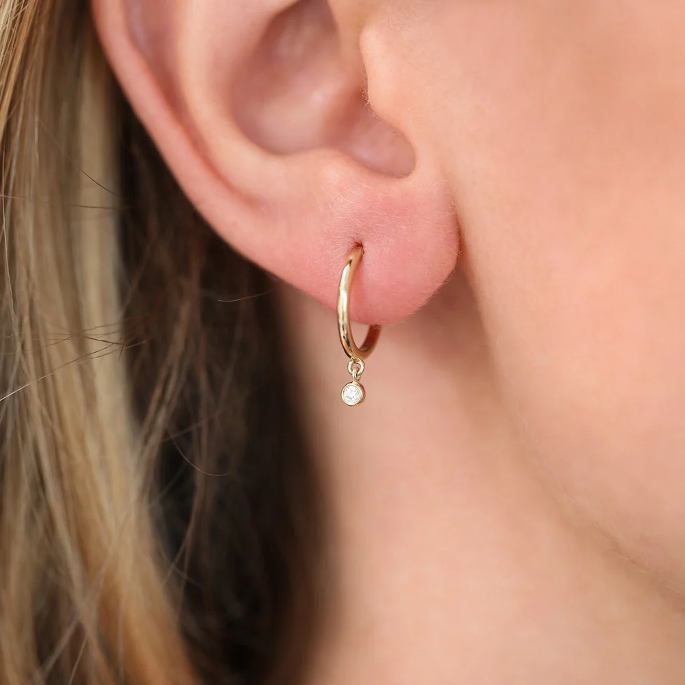 14K Hoop with Dangling Diamond - Image 5