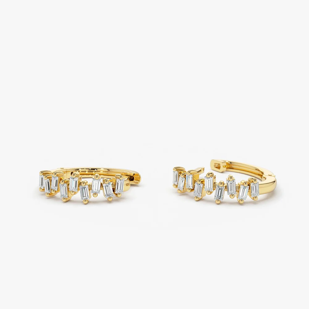 14K Gold Horizontal Set Mini Baguette Diamond Huggie - Image 7