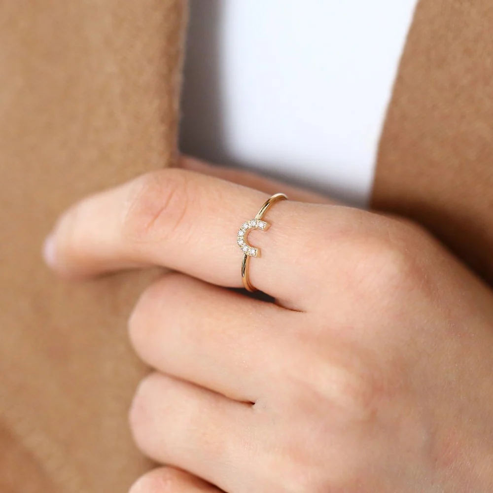 14K Horseshoe Ring with Round Cut White Diamonds - Image 4