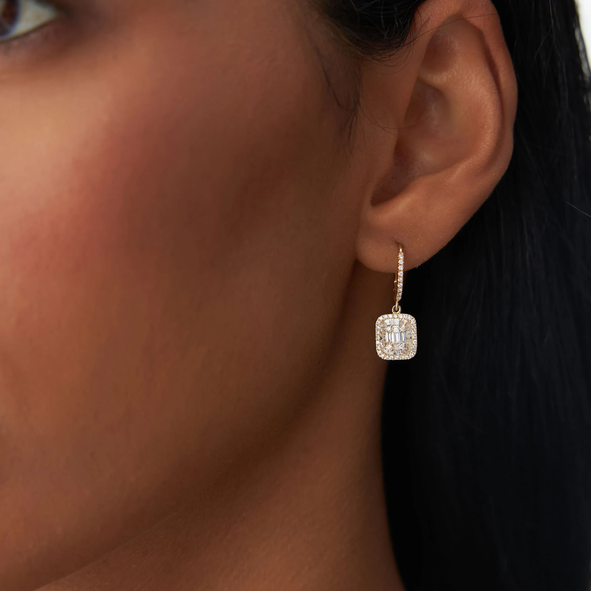 14k Illusion Setting Baguette Diamond Dangling Hoop Earrings - Image 2