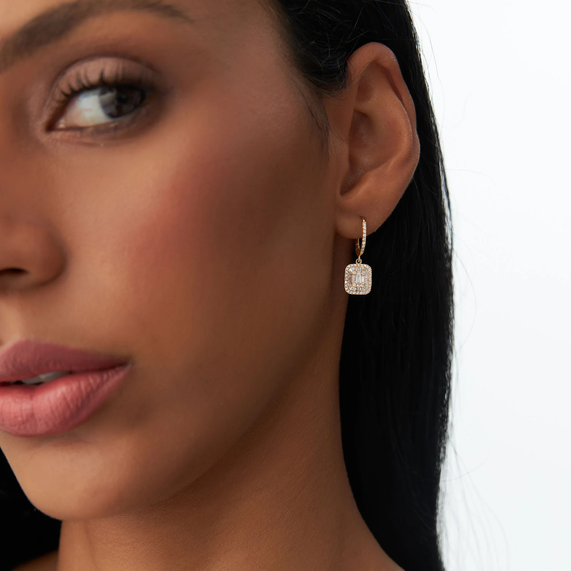 14k Illusion Setting Baguette Diamond Dangling Hoop Earrings - Image 3