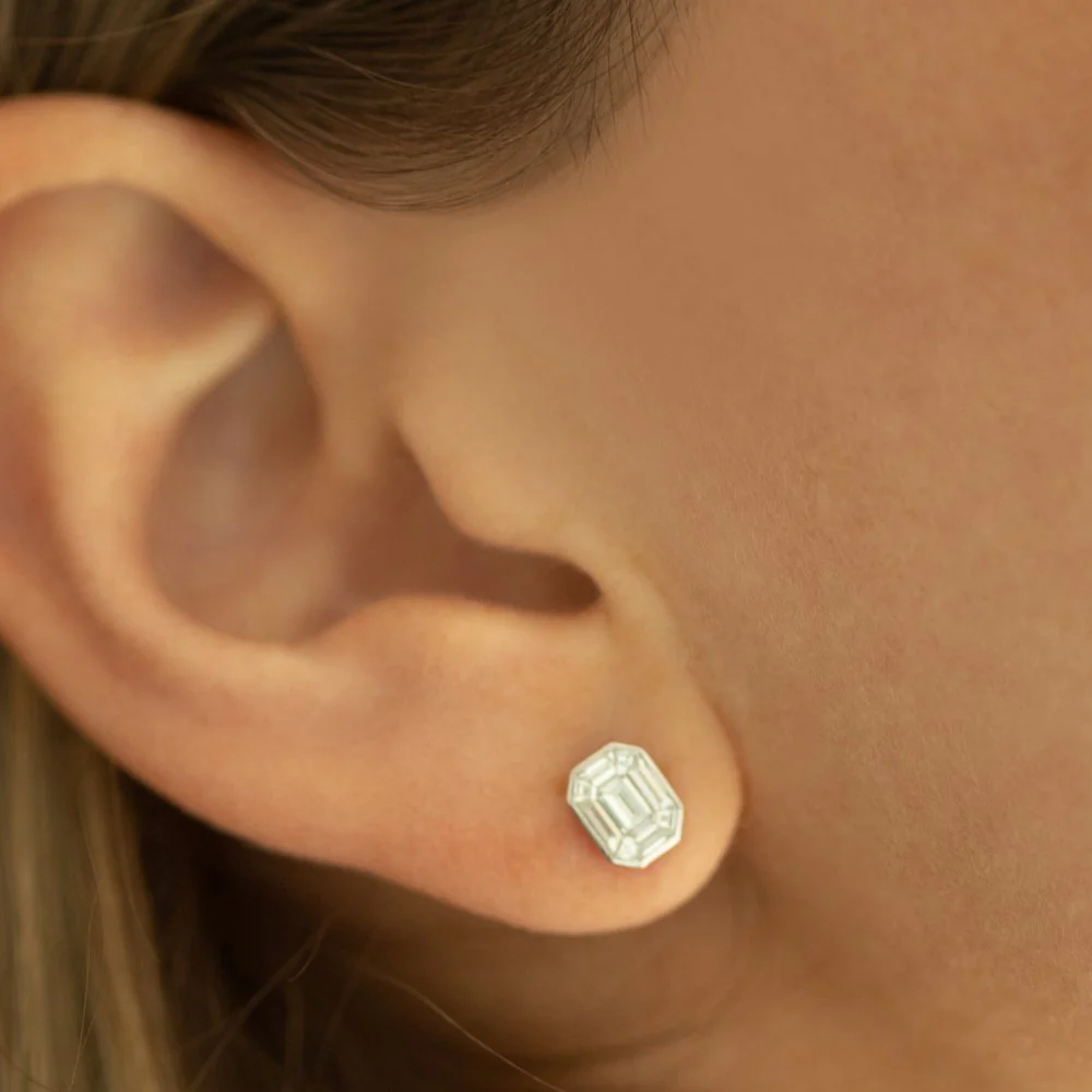 14k Illusion Setting Step Cut Mosaic Diamond Studs - Image 2