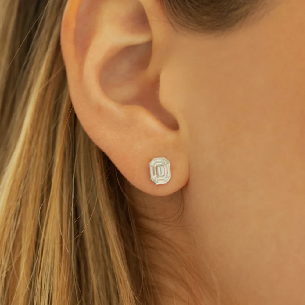 14k Illusion Setting Step Cut Mosaic Diamond Studs - Image 3