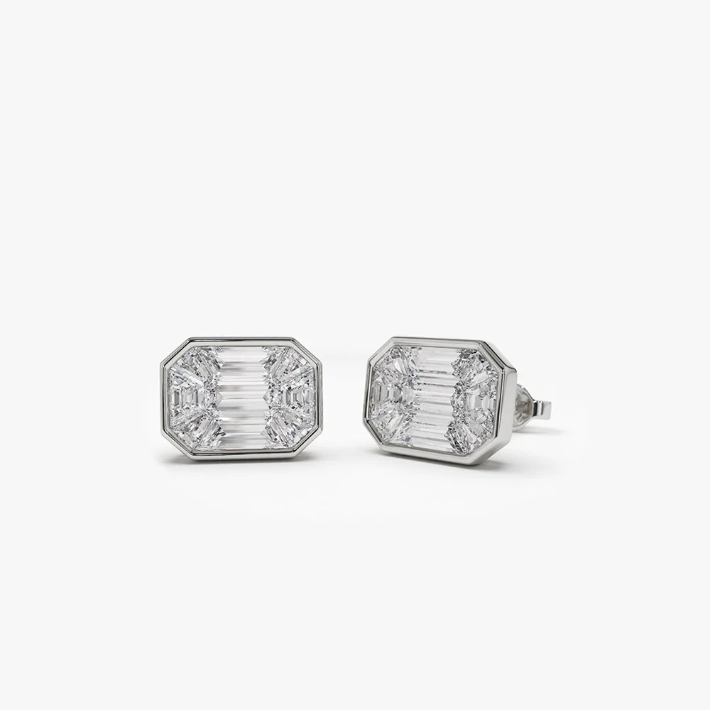 14k Illusion Setting Step Cut Mosaic Diamond Studs - Image 6
