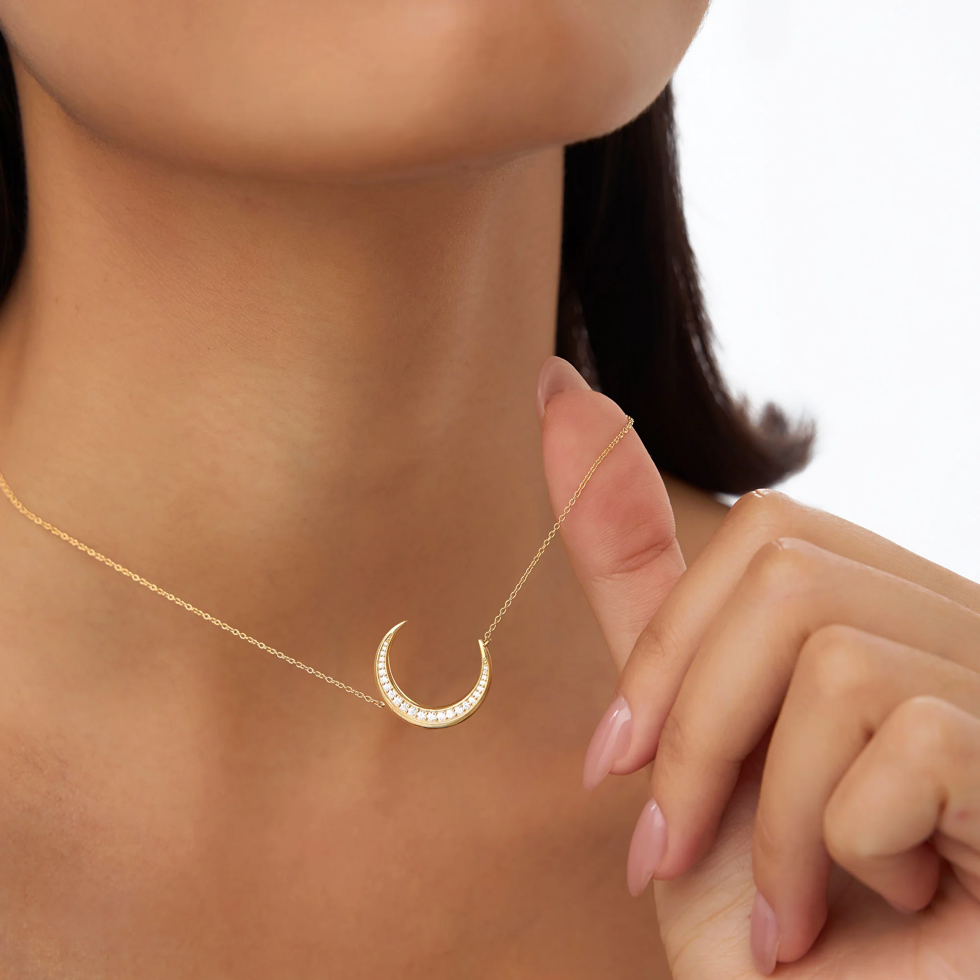 14k Large Diamond Crescent Moon Necklace - Image 2