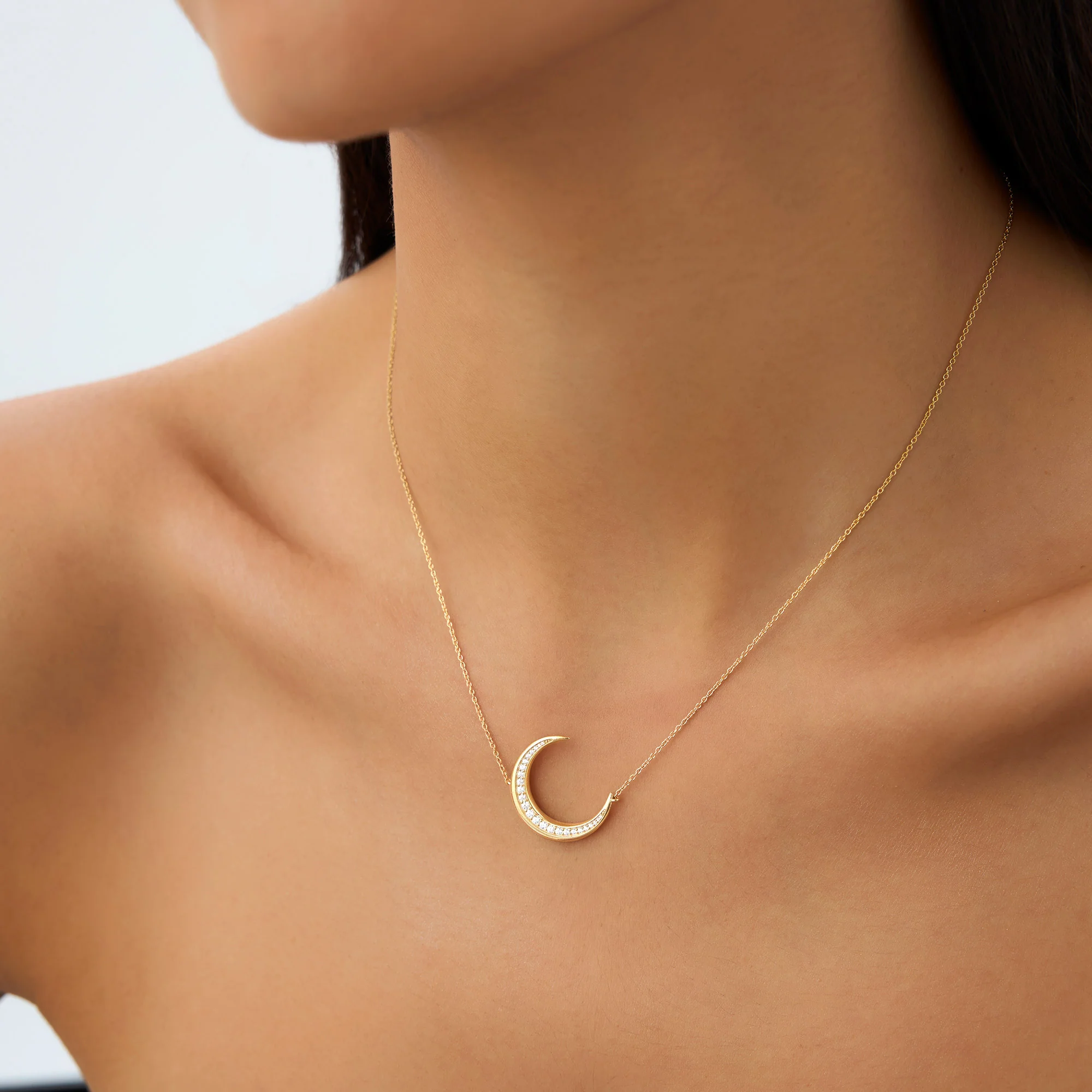 14k Large Diamond Crescent Moon Necklace - Image 4