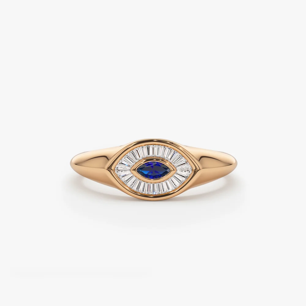 14k Marquise Shaped Sapphire and Baguette Diamond Ring - Image 5