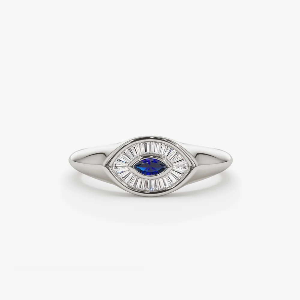 14k Marquise Shaped Sapphire and Baguette Diamond Ring - Image 6