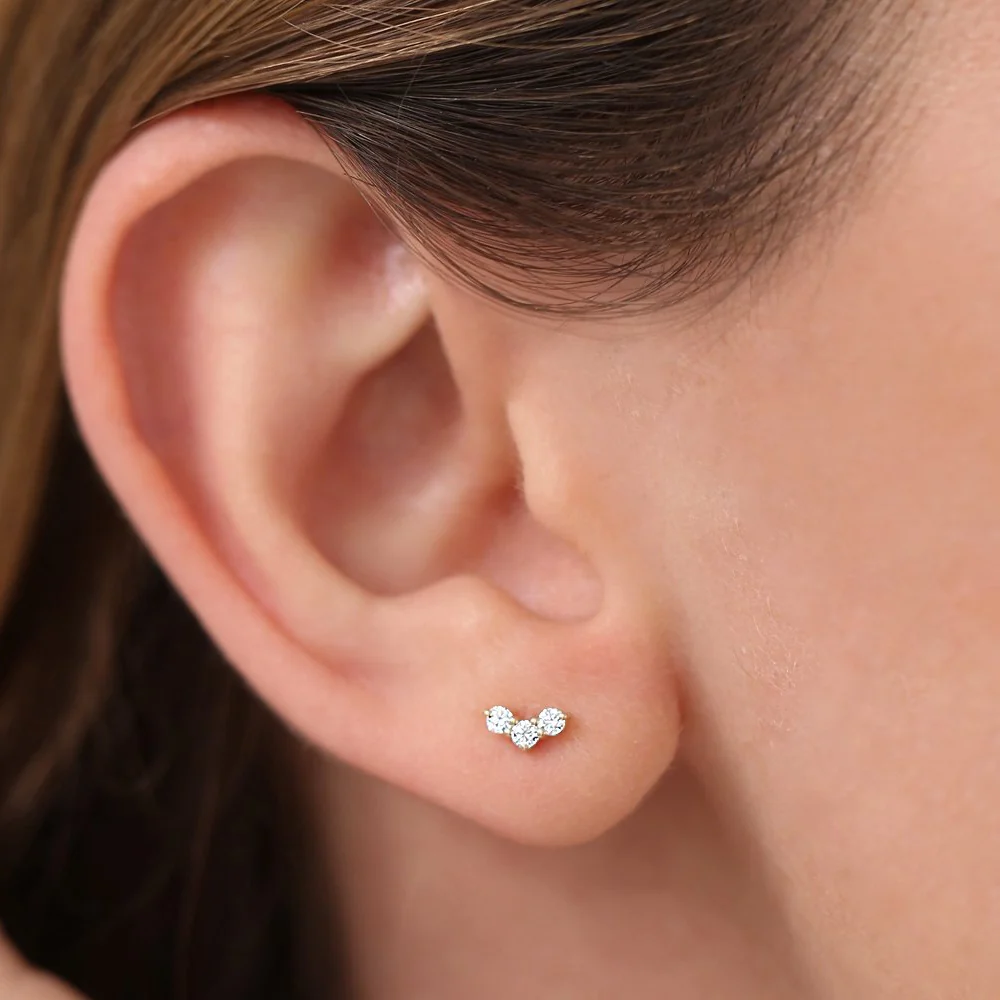 14K Gold Mini Trio Diamond Stud Earrings - Image 3