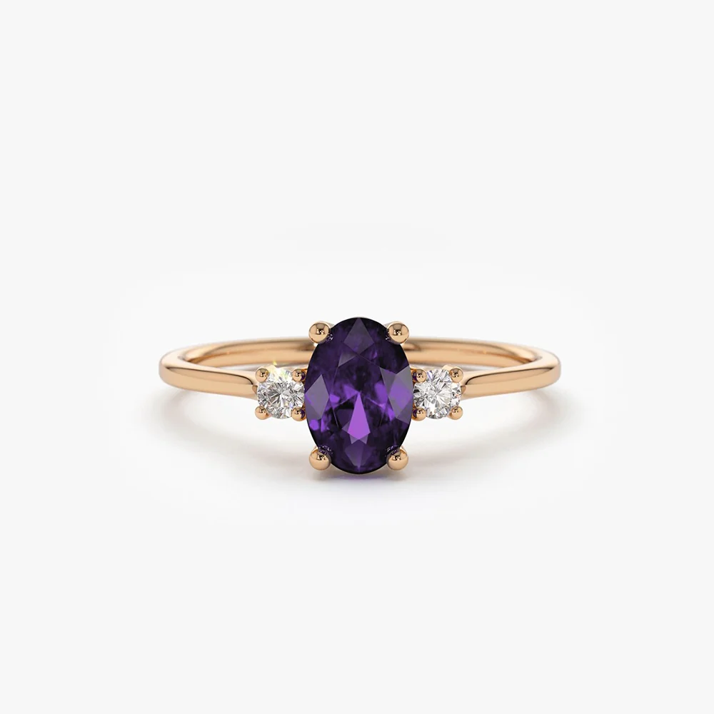 14K Gold Oval Shape Amethyst and Diamond 3 Stone Ring - Image 4