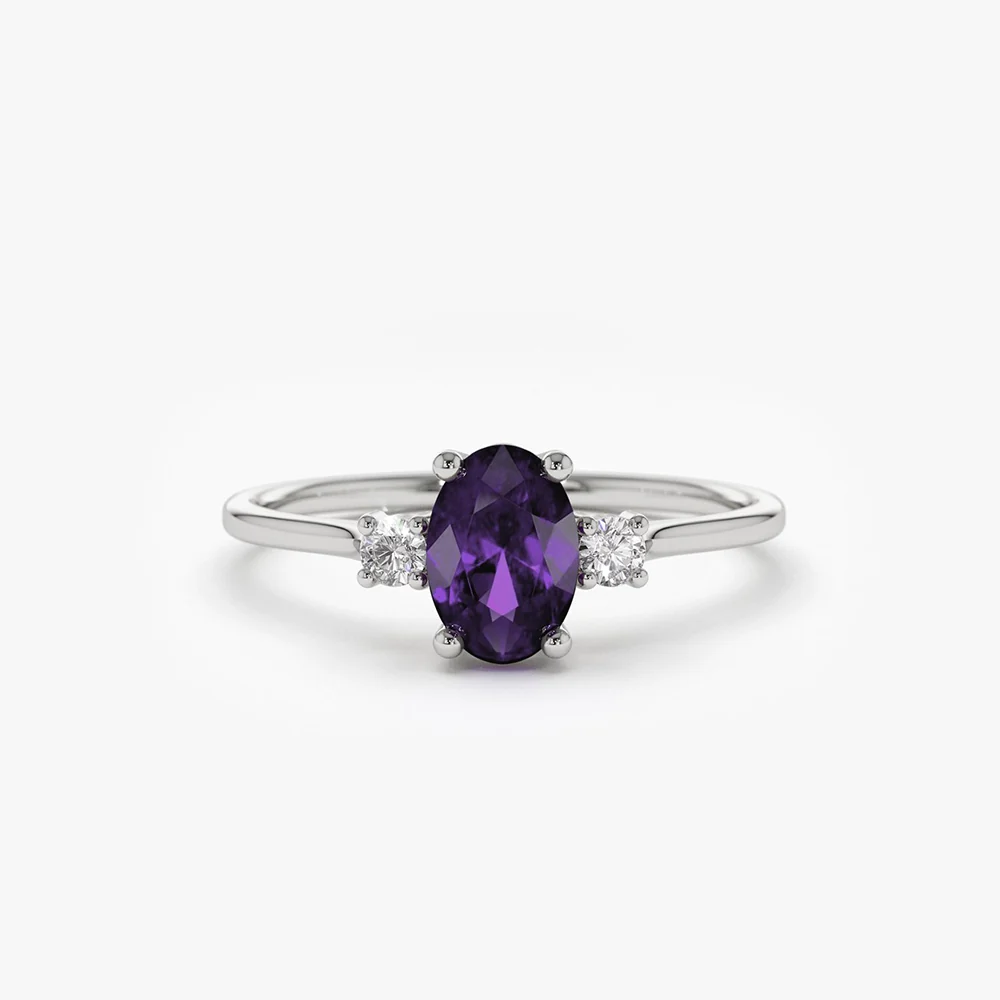 14K Gold Oval Shape Amethyst and Diamond 3 Stone Ring - Image 5