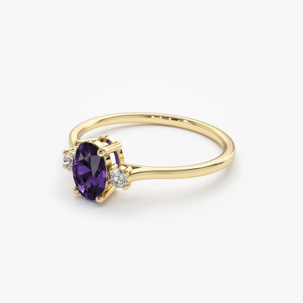 14K Gold Oval Shape Amethyst and Diamond 3 Stone Ring - Image 6