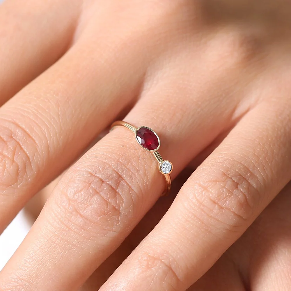 14k Oval Shape Bezel Setting Ruby and Diamond Ring - Image 2