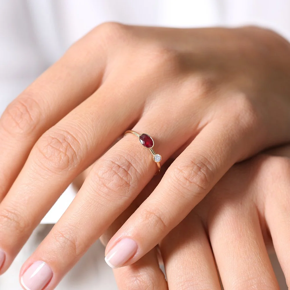 14k Oval Shape Bezel Setting Ruby and Diamond Ring - Image 3