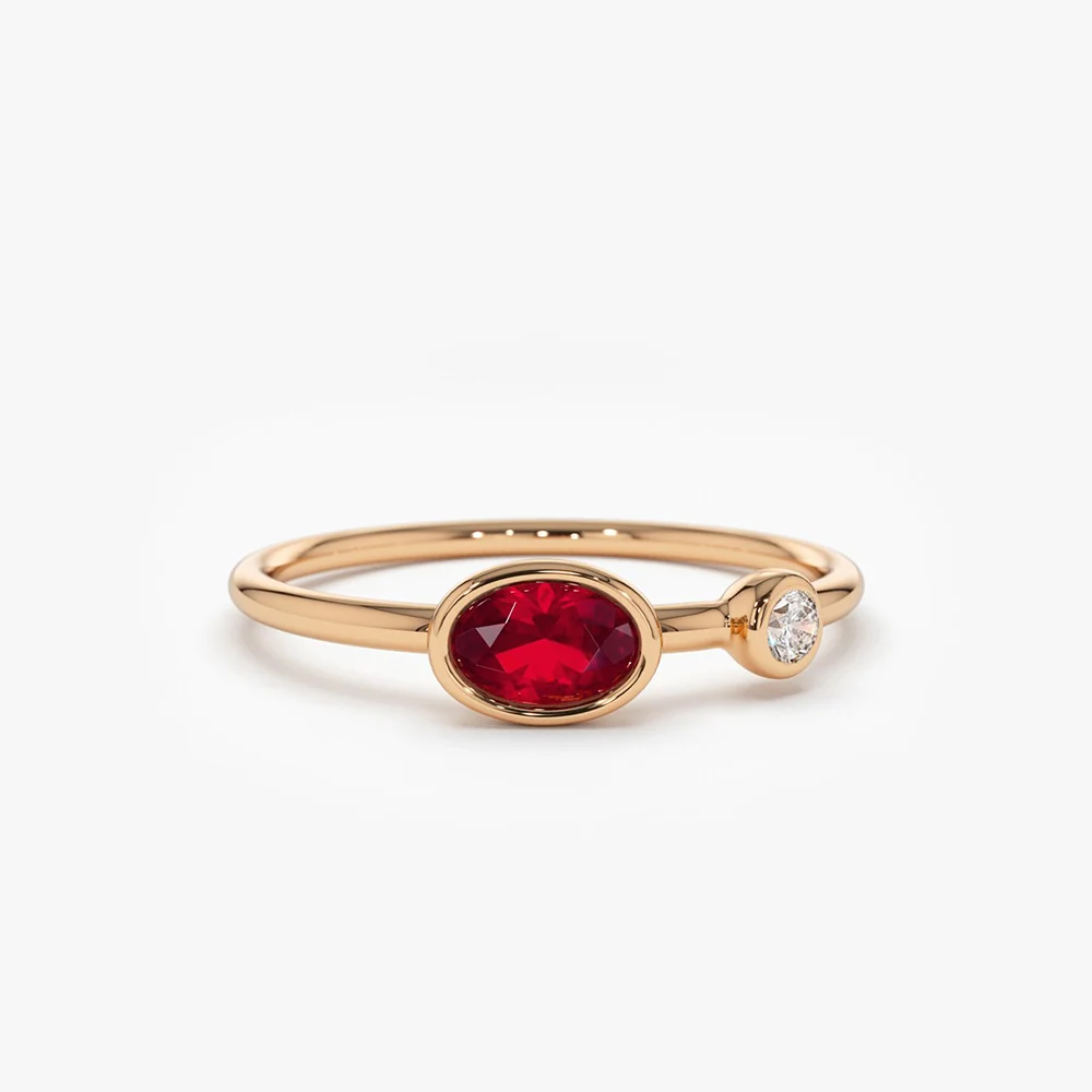 14k Oval Shape Bezel Setting Ruby and Diamond Ring - Image 6