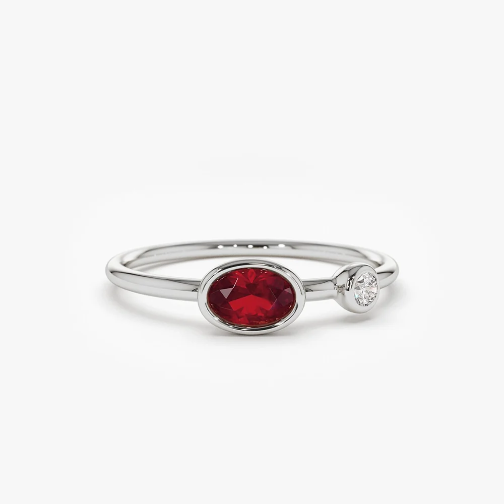 14k Oval Shape Bezel Setting Ruby and Diamond Ring - Image 7