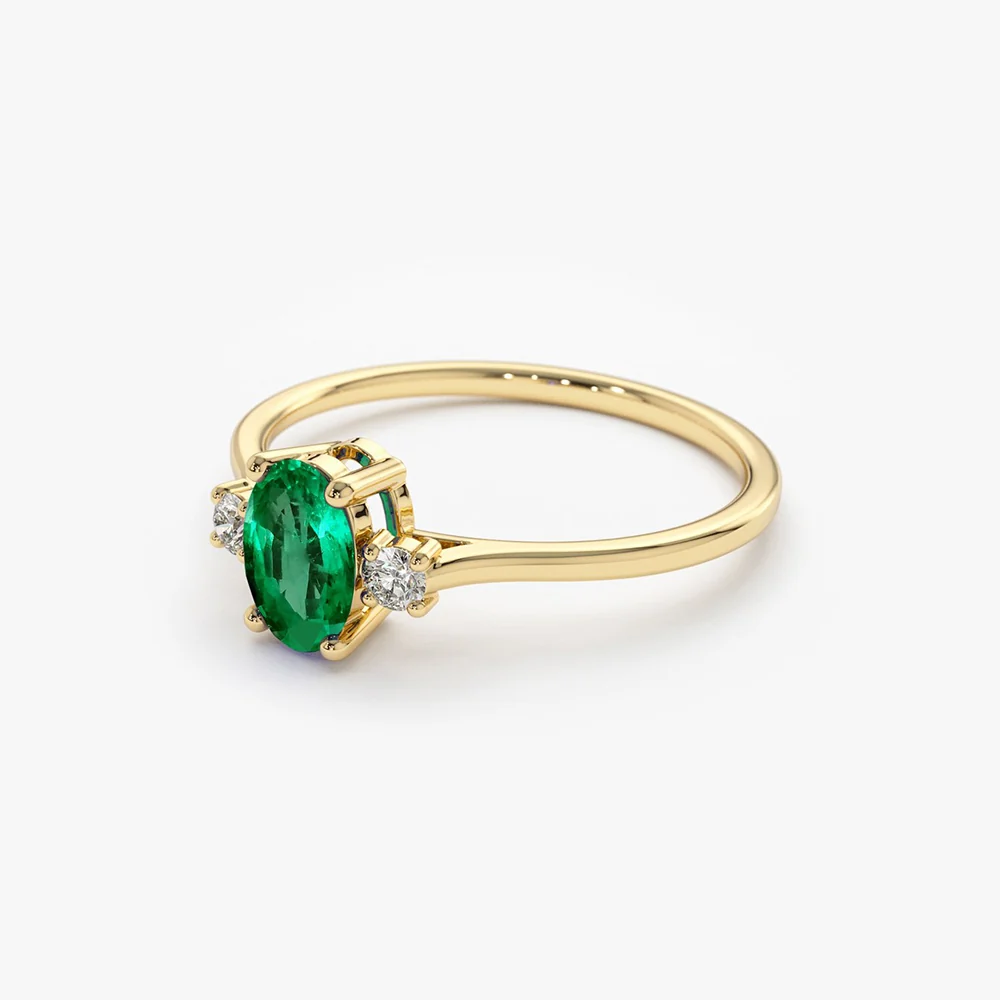 14k Oval Shape Emerald and Diamond 3 Stone Ring - Image 6