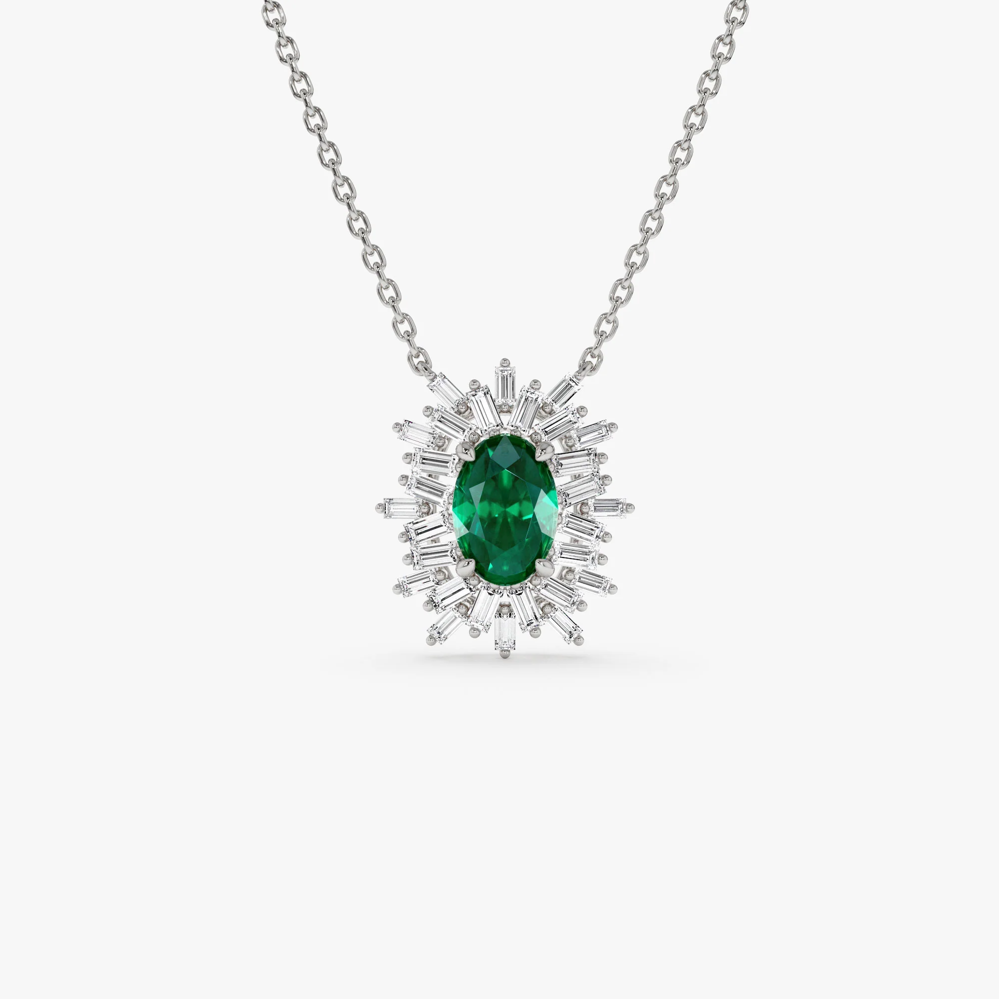 14k Oval Shape Emerald Necklace with Ballerina Baguettes - Image 6