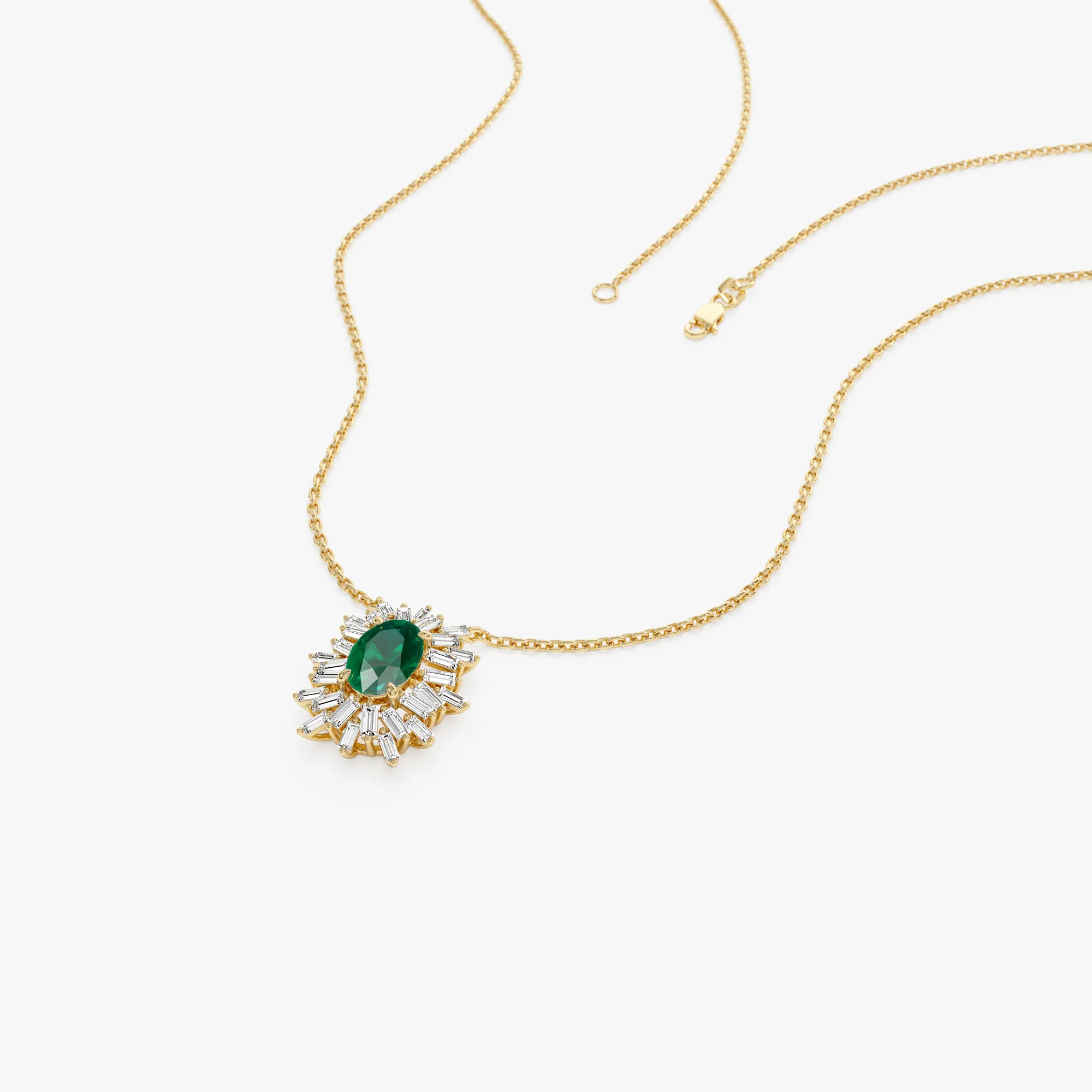 14k Oval Shape Emerald Necklace with Ballerina Baguettes - Image 7